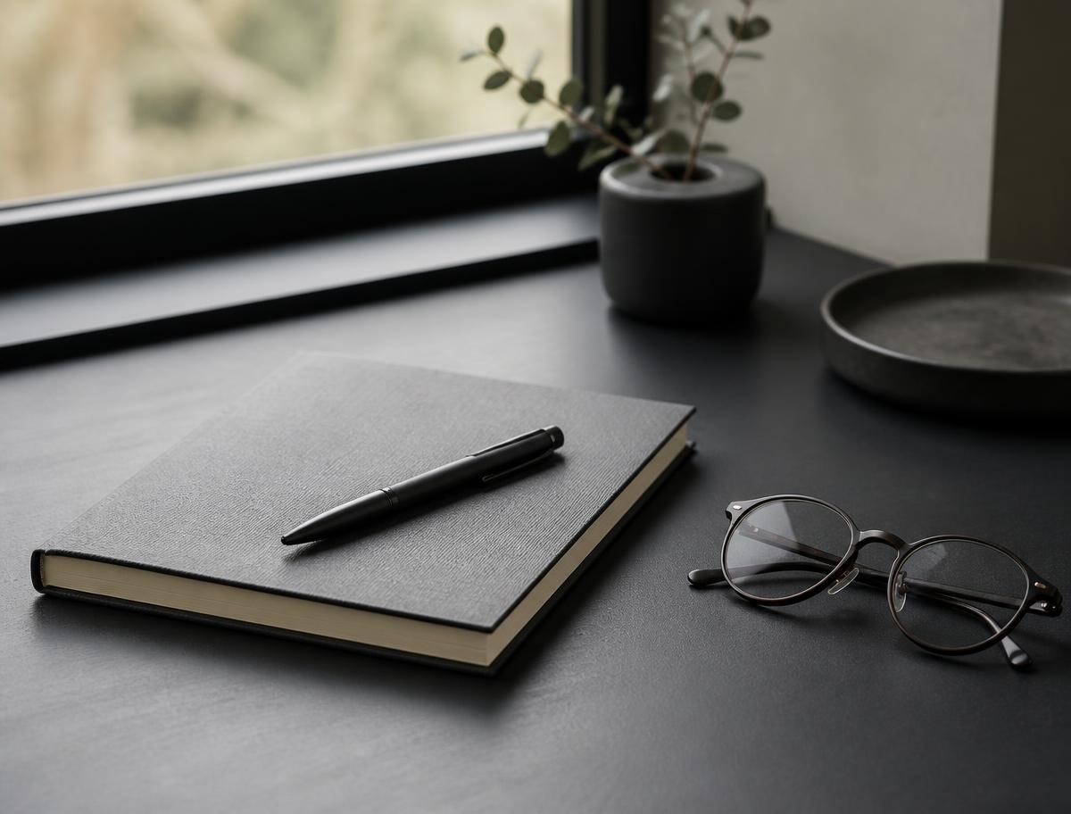 A notebook, pen and reading glasses arranged on a desk, suggesting careful preparation