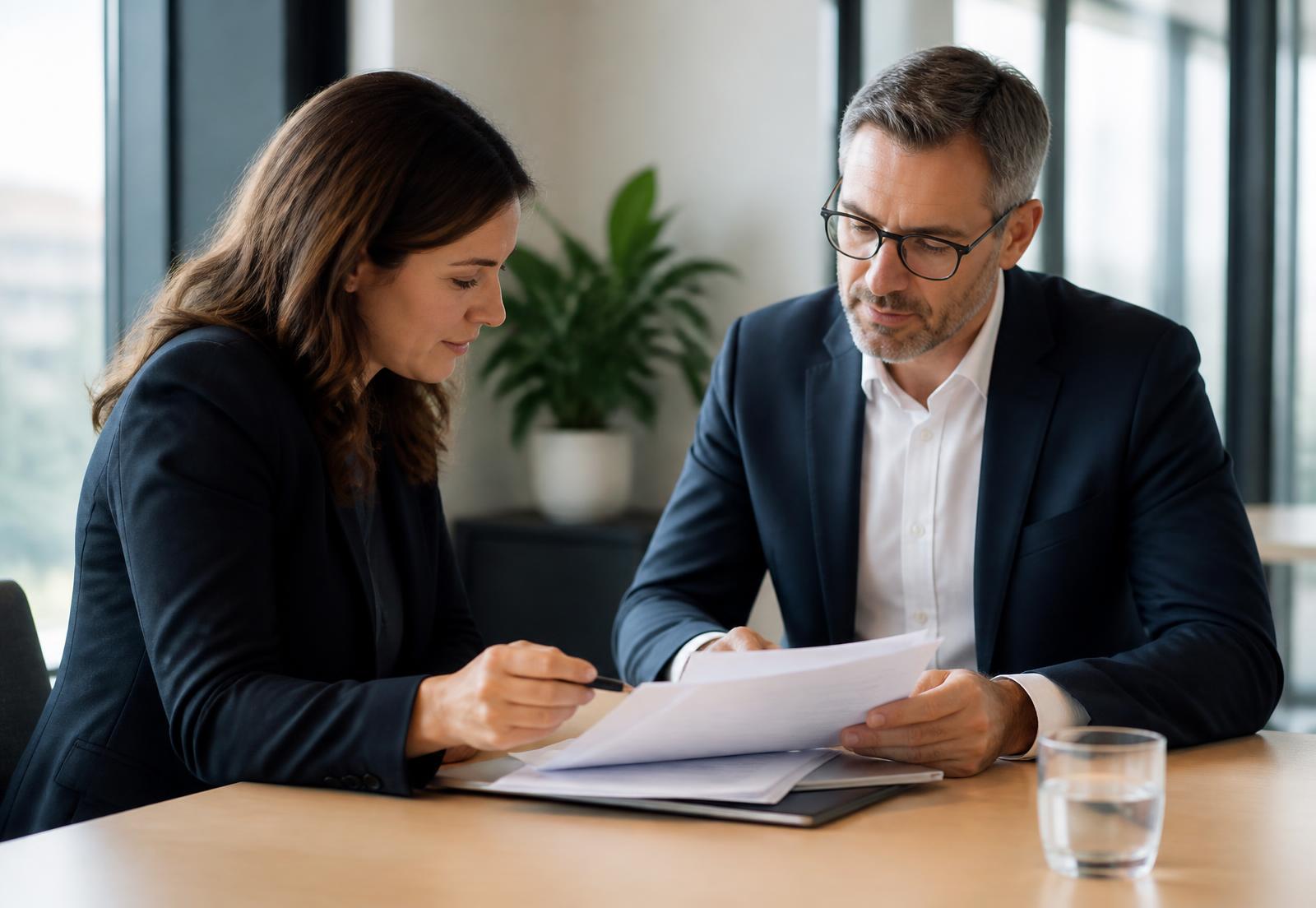 Two professionals reviewing documents together during a consultation in a bright meeting room
